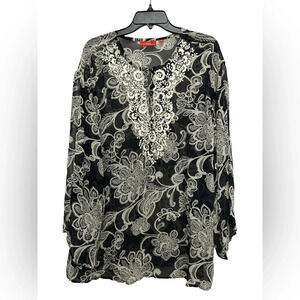 Oscar By Oscar De La Renta Silk Floral Tunic Embroidered Size 14 Black Sheer